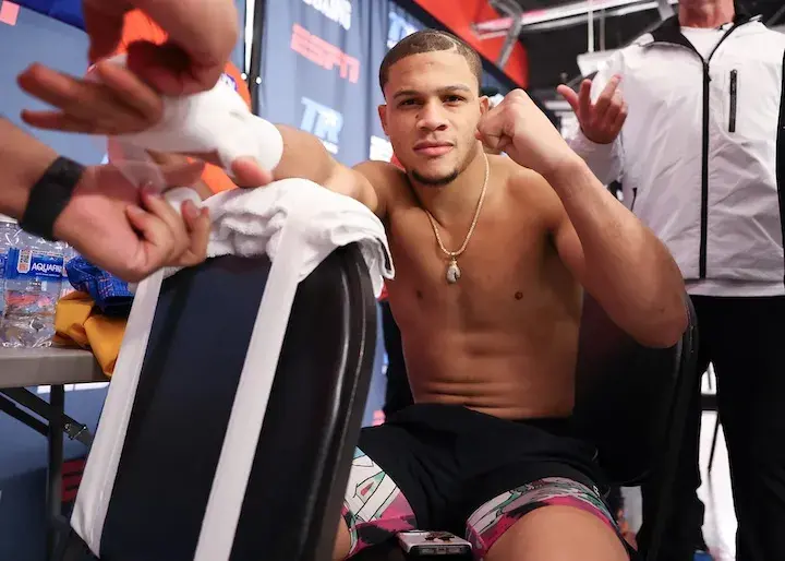 Rohan Polanco gets his hands wrapped before his fight with Quinton Randall on July 26, 2025.