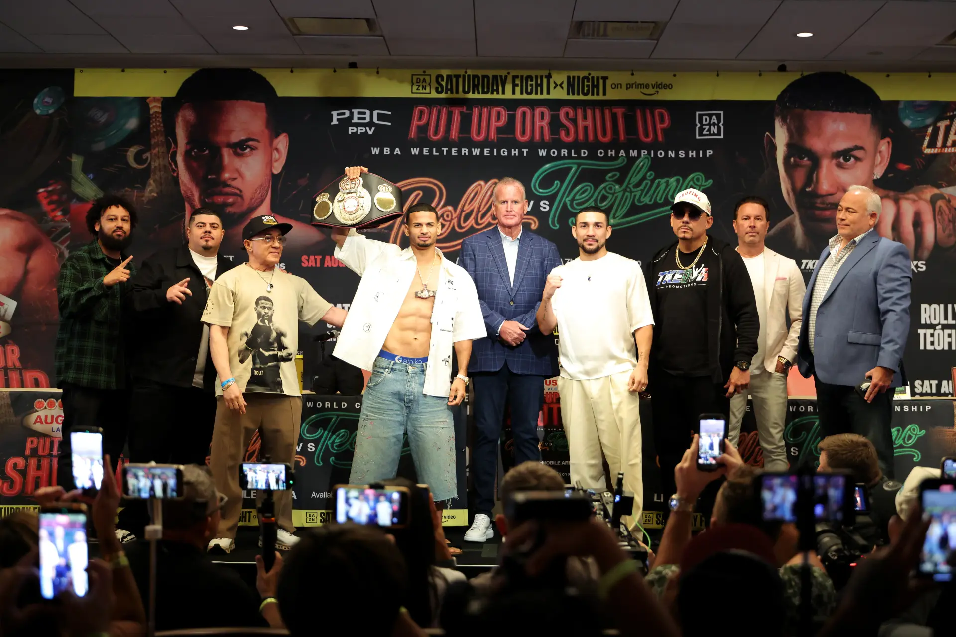 Rolly Romero, with belt, and Teofimo Lopez at the final press conference ahead of their August 22, 2026, showdown