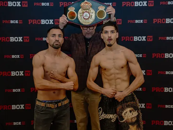 Ronny Rios (left) and Bryan Acosta (right) pose at the weigh-in for their ProBox TV main event. (March 27, 2026)