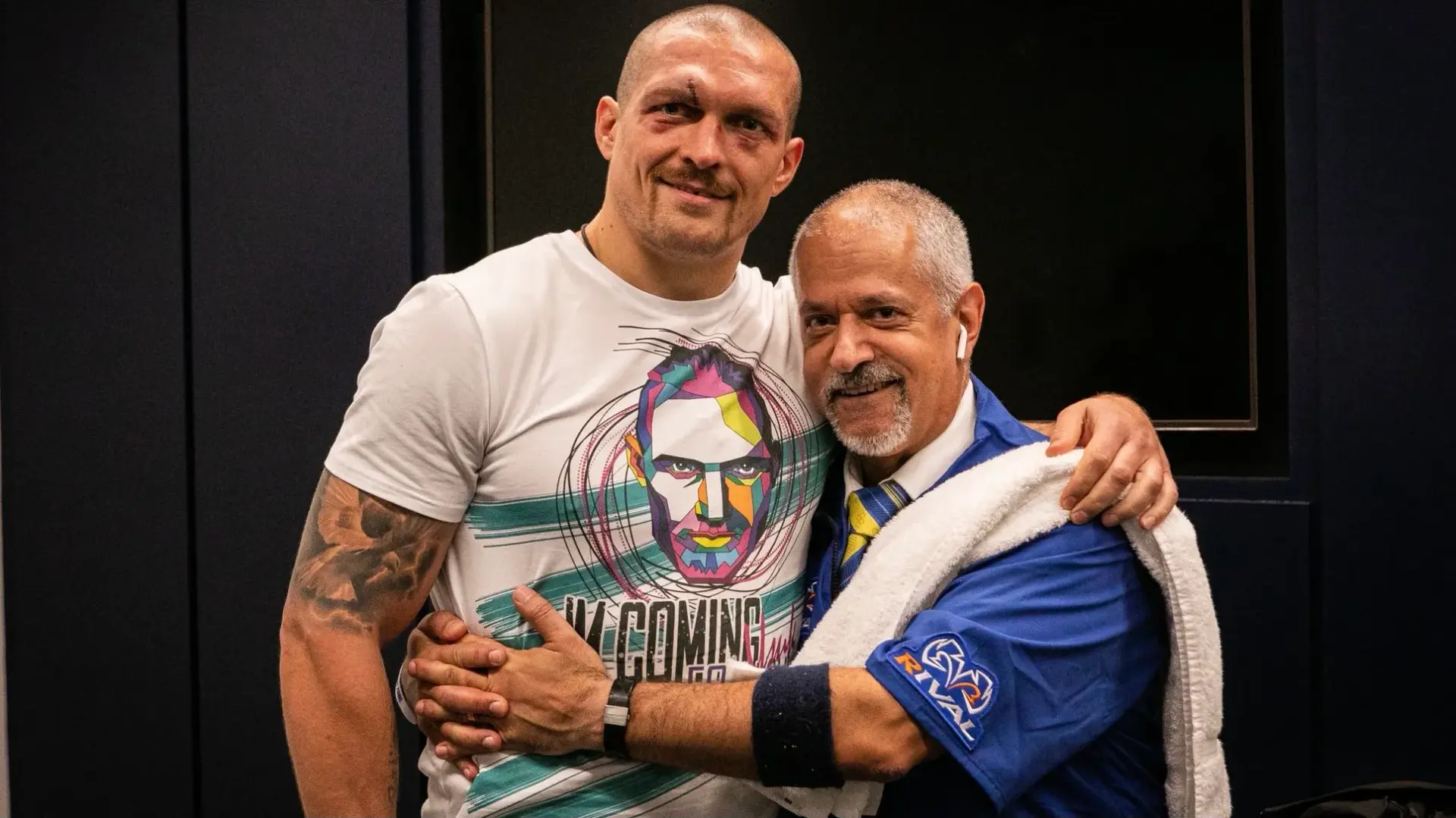 Oleksandr Usyk sports the wounds Russ Abner [right] kept under control while the Ukrainian defeated Anthony Joshua in September 2021