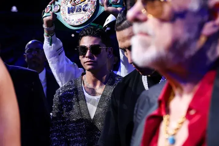 Ryan Garcia walks out David Benavidez ahead of his sixth-round stoppage over Gilberto Ramirez Saturday at T-Mobile Arena in Las Vegas. (May 2, 2026)