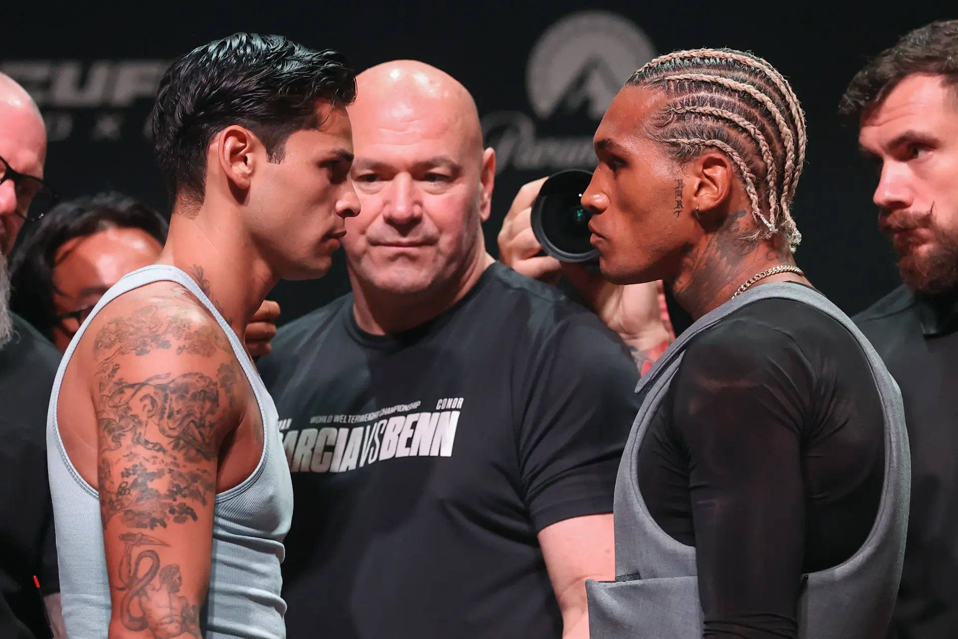 Ryan Garcia [left] and Conor Benn try not to blink at the final press conference ahead of their September 12 showdown