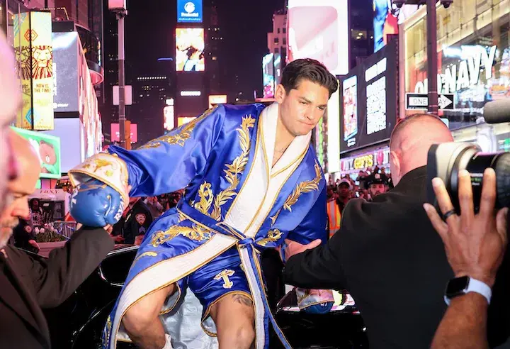 Ryan Garcia makes his way to the ring in Times Square, New York, in 2025
