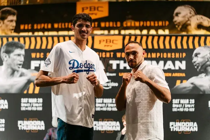 Sebastian Fundora (left) and Keith Thurman (right) pose for a photo during the PBC Opening Bell. (March 25, 2026)