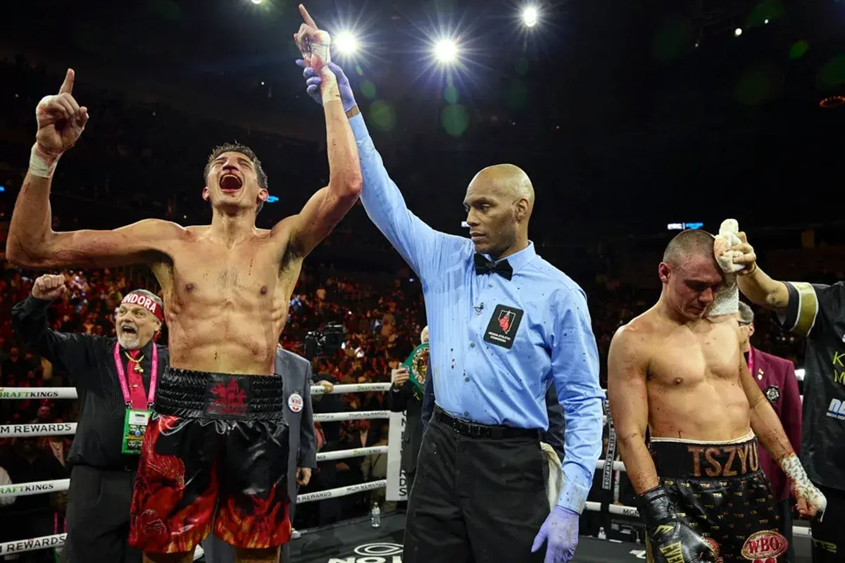 Referee Harvey Dock raises Sebastian Fundora's arm in victory over Tim Tszyu, March 30, 2024