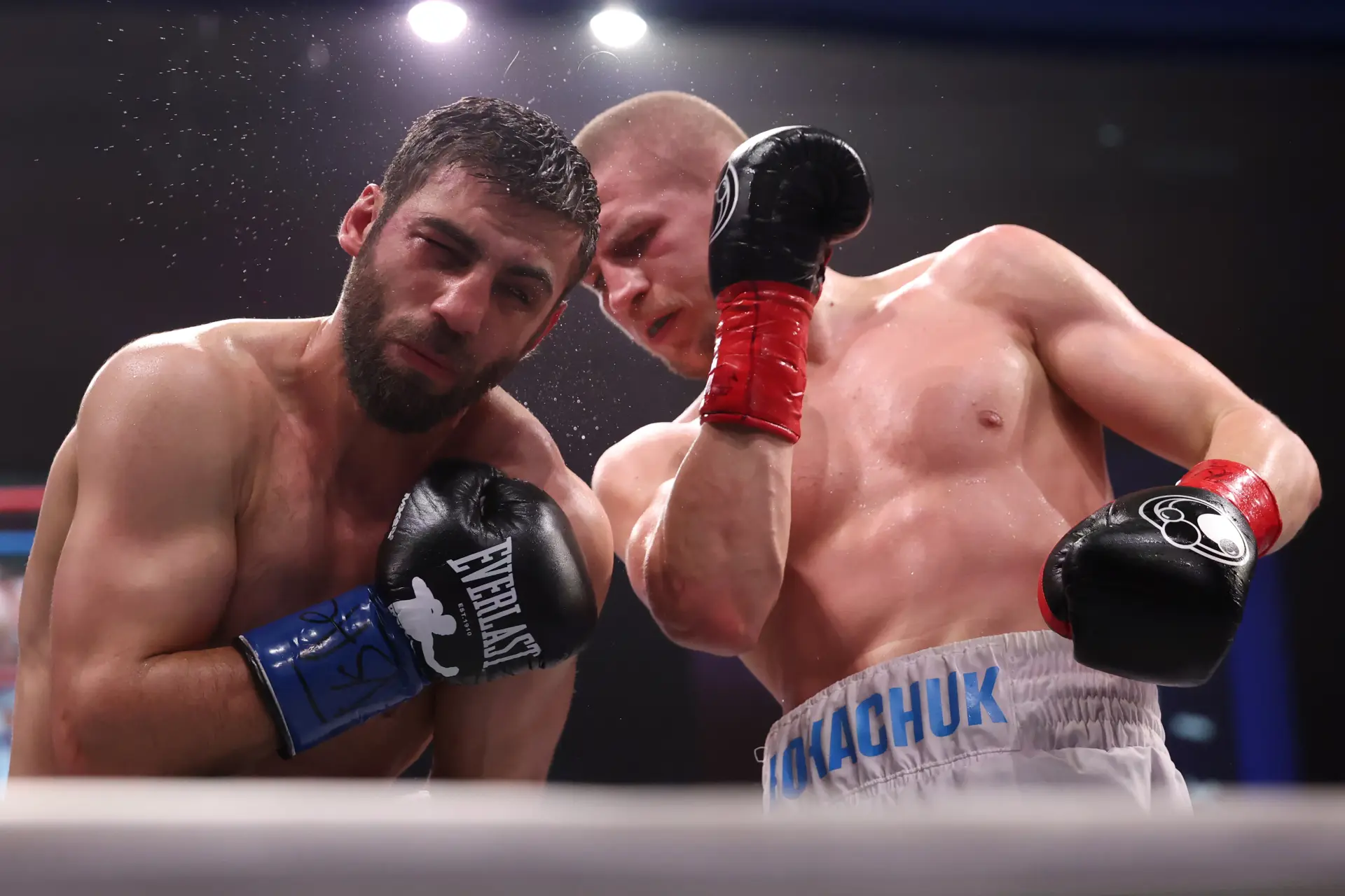 Serhii Bohachuk lands an uppercut on Radzhab Butaev.