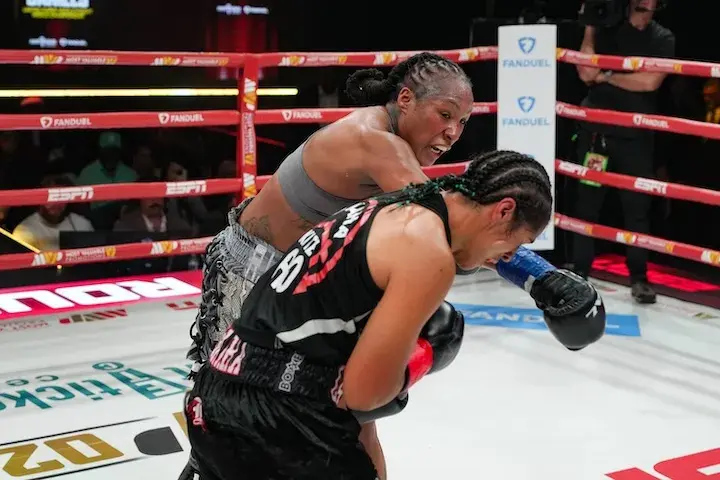 Shadasia Green (top) slowly lost control of Friday's fight against Lani Daniels and left the ring on a stretcher after she was stopped in the ninth round. (April 17, 2026)
