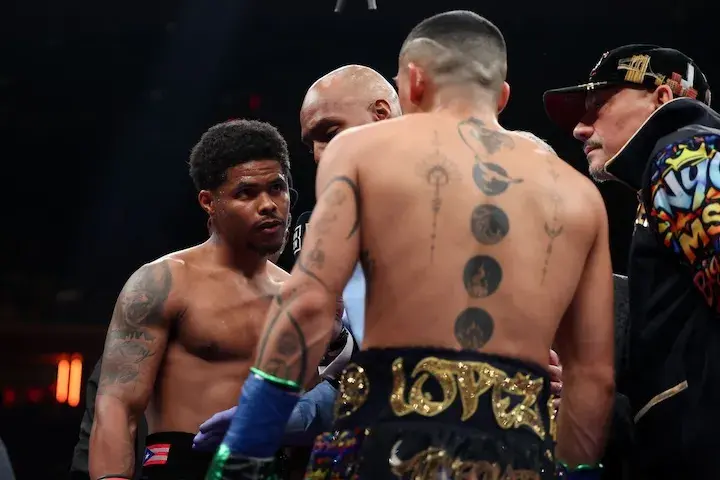 Shakur Stevenson (left) and Teofimo Lopez during their fight on January 31, 2026.