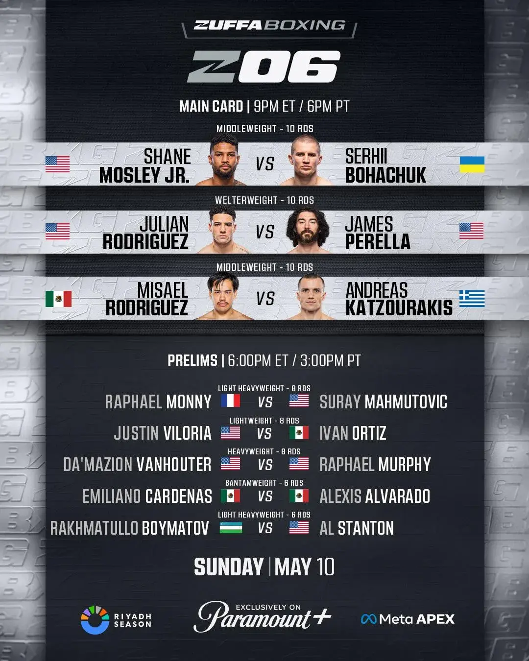 The full line-up for the May 10 Zuffa Boxing 6 event