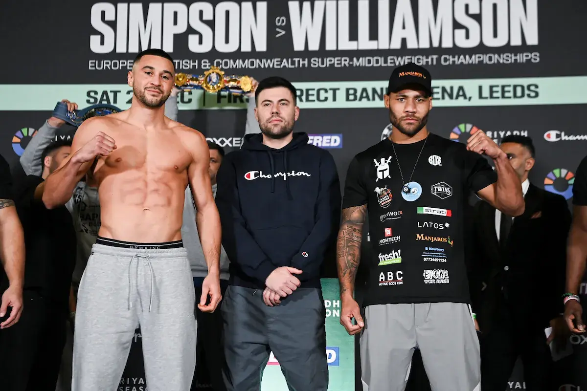 Callum Simpson (left) and Troy Williamson stand on stage ahead of their fight on December 20, 2025.