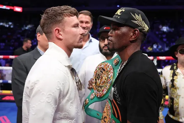 Subriel Matias has a staredown with Dalton Smith following Matias' victory over Albert Puello on July 12, 2025.