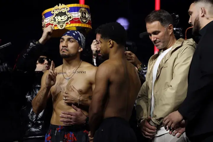 Teofimo Lopez (left) and Shakur Stevenson (right) pose after making weight at the weigh-in. Photo taken on January 30, 2026.