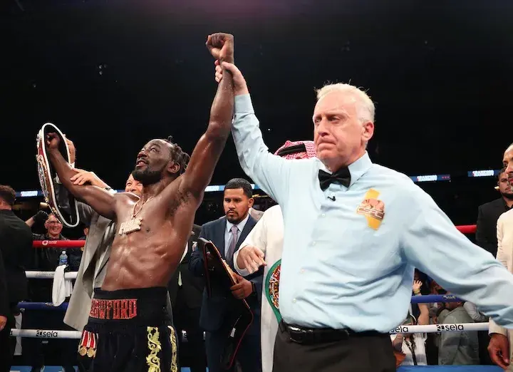 Terence Crawford celebrates his victory over junior middleweight titleholder Israil Madrimov in 2024.