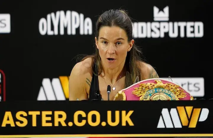 Terri Harper at the final press conference ahead of her main event bout against Caroline Dubois. (April 3, 2026)