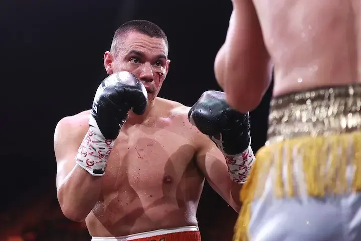Tim Tszyu stares at Denis Nurja during their bout at the WIN Entertainment Centre, Wollongong, New South Wales, Australia. (April 4, 2026)