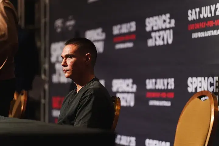 Tim Tszyu at the kick-off press conference for his upcoming bout against Errol Spence Jnr on July 26. (May 2, 2026)