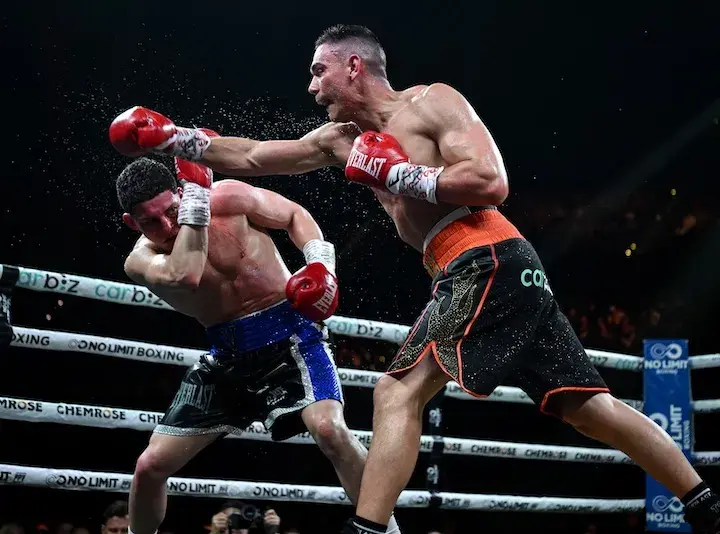Tim Tszyu throws a right hand at Anthony Velazquez during their boxing match on December 17, 2025.
