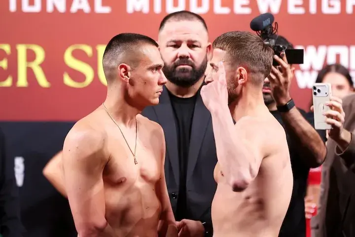 Tim Tszyu and Denis Nurja weigh in ahead of Saturday's middleweight main event bout at WIN Entertainment Centre in Wollongong, New South Wales, Australia. (April 3, 2026)