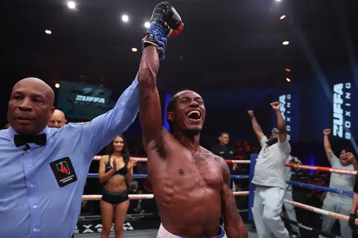 Tony Hirsch Jnr celebrates his victory over Robert Meriwether on Easter Sunday at the Meta Apex in Las Vegs. (April 5, 2026)