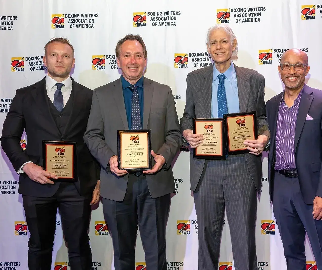 [l-r] Tris Dixon, Lance Pugmire, Thomas Hauser, and Tony Paige at the BWAA Awards in June 2025
