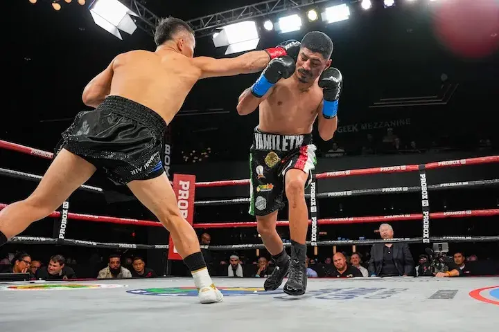 Abraham Montoya [right] is tagged during a November 2025 loss to Tsendbaatar Erdenebat