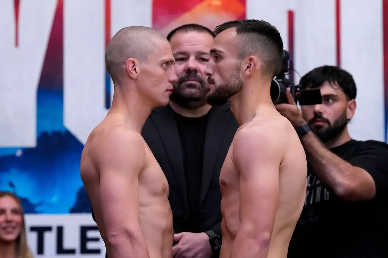 Nikita Tszyu and Oscar Diaz weigh-in for their junior-middleweight contest in Newcastle, Australia