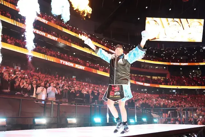 Tyson Fury makes his enterance to the ring for his bout against Arslanbek Makhmudov in Tottenham, England. (April 11, 2026)
