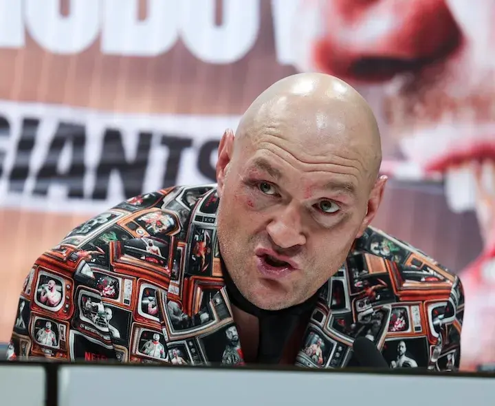 Tyson Fury at the post-fight press conference after his win over Arslanbek Makhmudov in Tottenham, England. (April 11, 2026)
