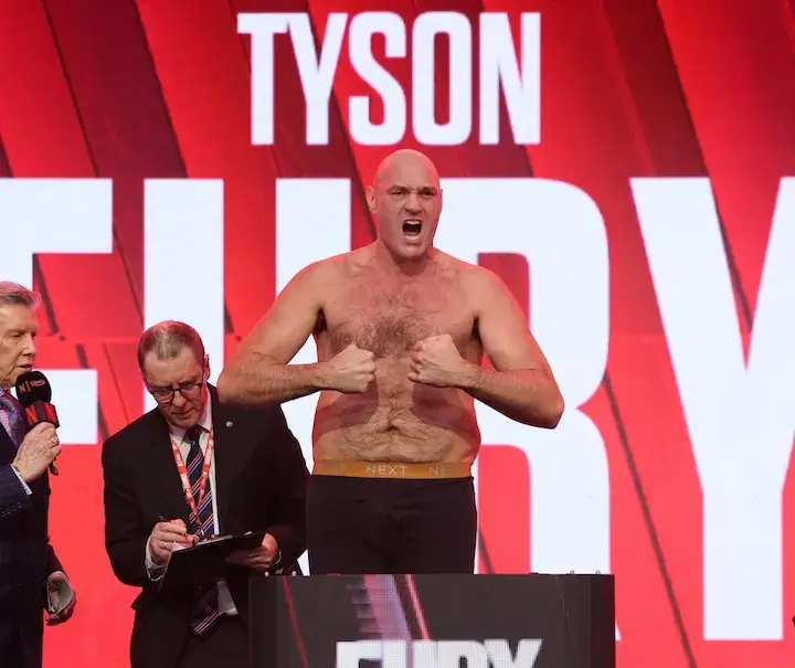 Tyson Fury at the weigh-in for his fight against Arslanbek Makhmudov. (April 10, 2026)