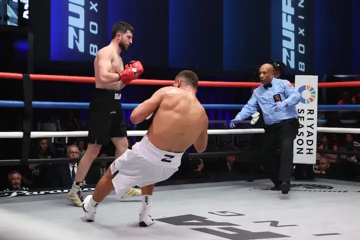 Umar Dzambekov knockouts Ahmed Elbiali during their fight on February 15, 2026.
