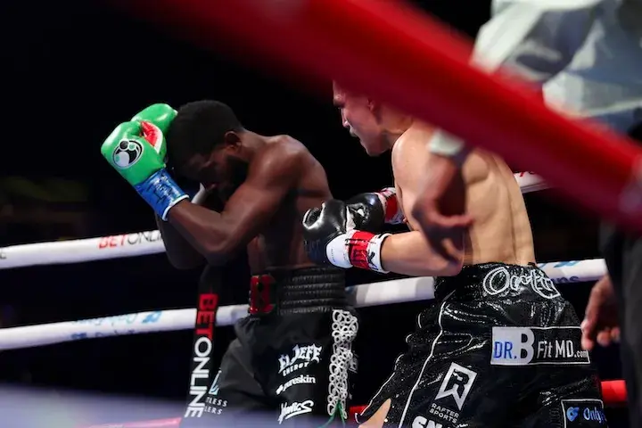 Vergil Ortiz hammers away at Erickson Lubin en route to stopping him in the second round of their boxing match on November 8, 2025.
