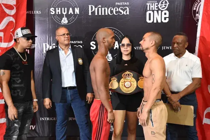 Victor Santillan (left) and Noel Reyes Cepeda (right) after making weight for their WBA junior featherweight title bout. Photo taken on February 20, 2026.