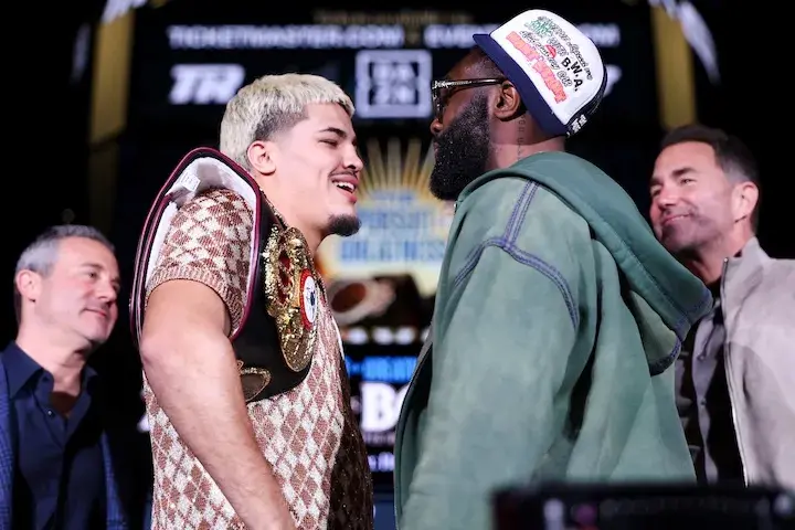 Xander Zayas (left) faces off with Jaron Ennis at their Brooklyn, New York press conference. (April 8, 2026)