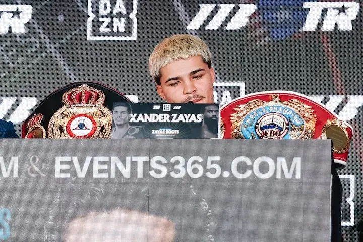 Xander Zayas speaks at the press conference for his fight against Jaron Ennis in Brooklyn, New York. (April 8, 2026)