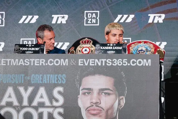 Xander Zayas (right) and Todd duBoef (left) at the the Brooklyn, New York press conference for his fight against Jaron Ennis. (April 8, 2026)