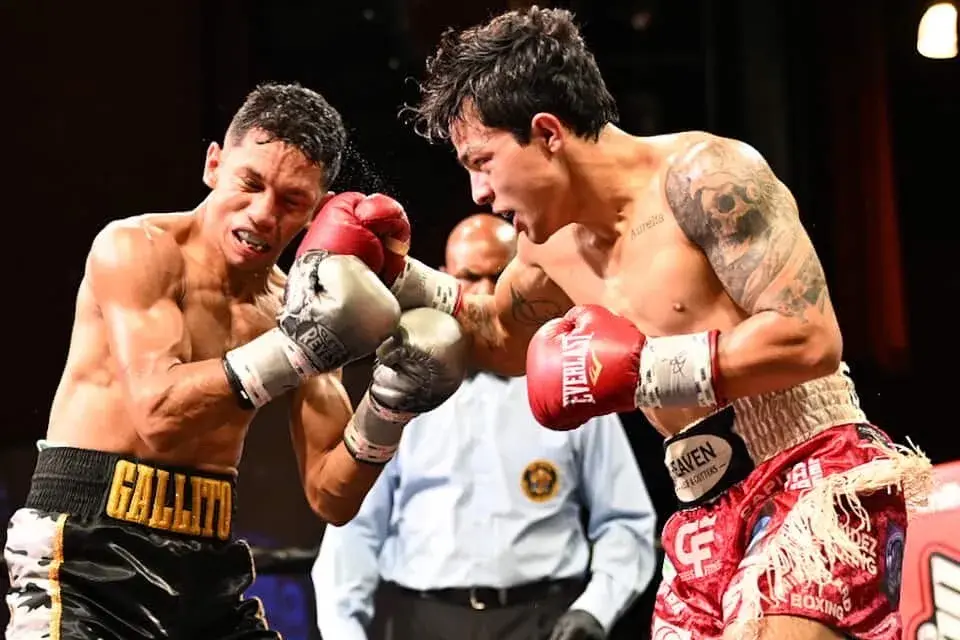Andy Dominguez (right) lands against Byron Rojas (left) in a split decision win for Dominguez at the Tropicana Hotel & Casino in Atlantic City, New Jersey. (July 25, 2025)