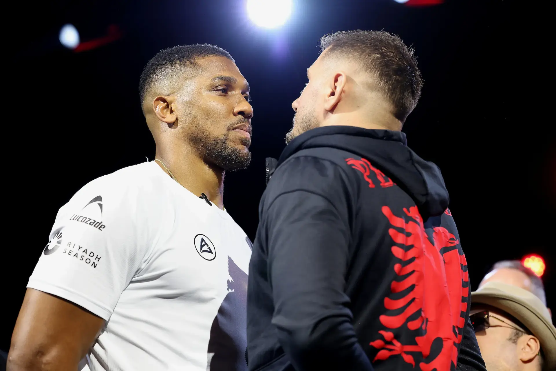 Anthony Joshua and Kristian Prenga face off before their July 25 fight in Saudi Arabia.
