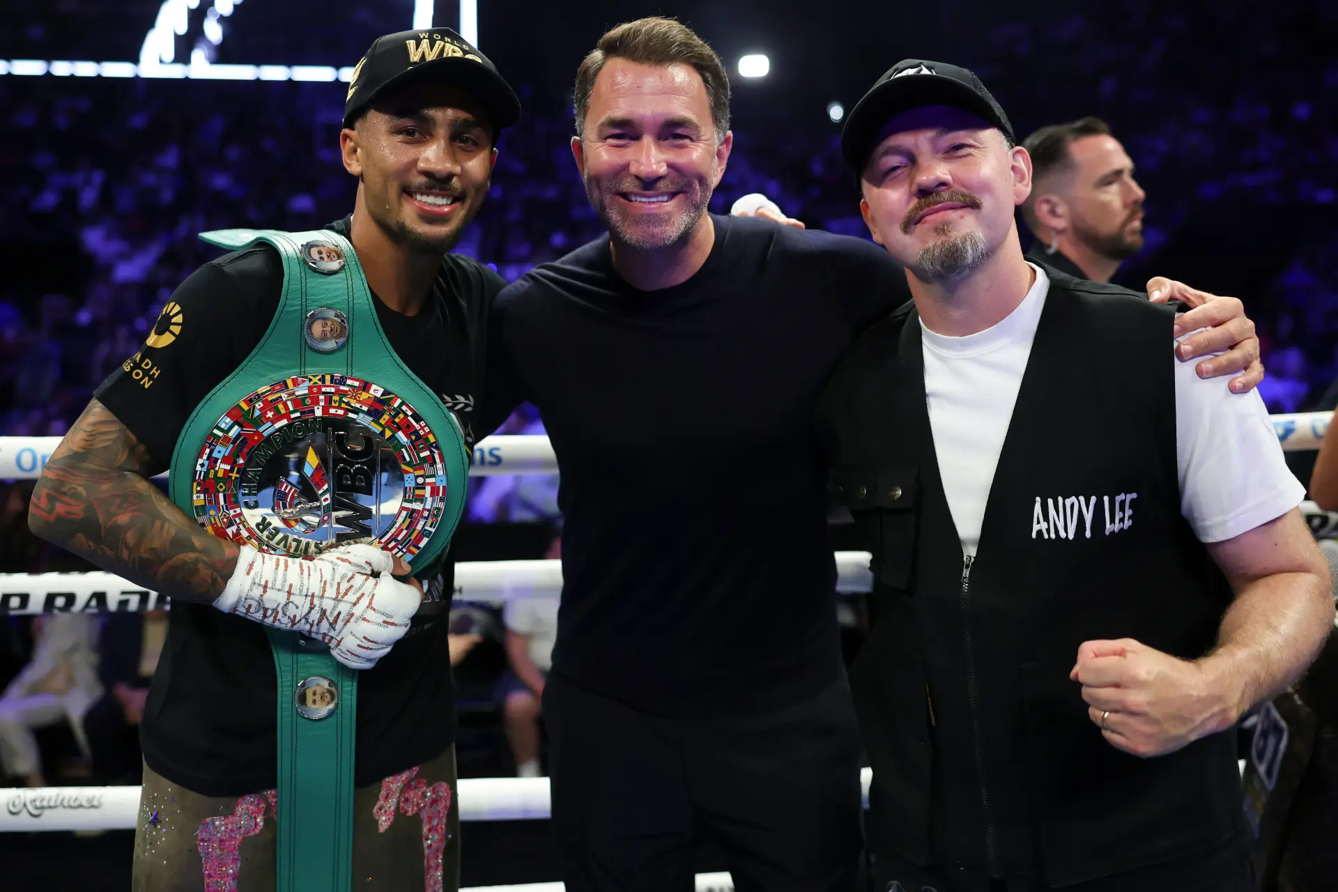 Ben Whittaker, Eddie Hearn and Andy Lee celebrate Whittaker's US debut win