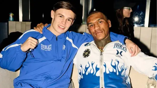 Conor Benn [right] celebrates his victory over Chris Eubank Jnr with Connor Mitchell in November 2025