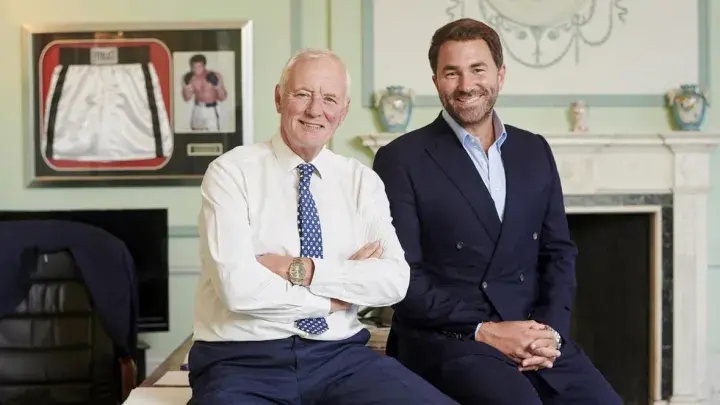 Barry Hearn [left] sits with Eddie Hearn in 2024