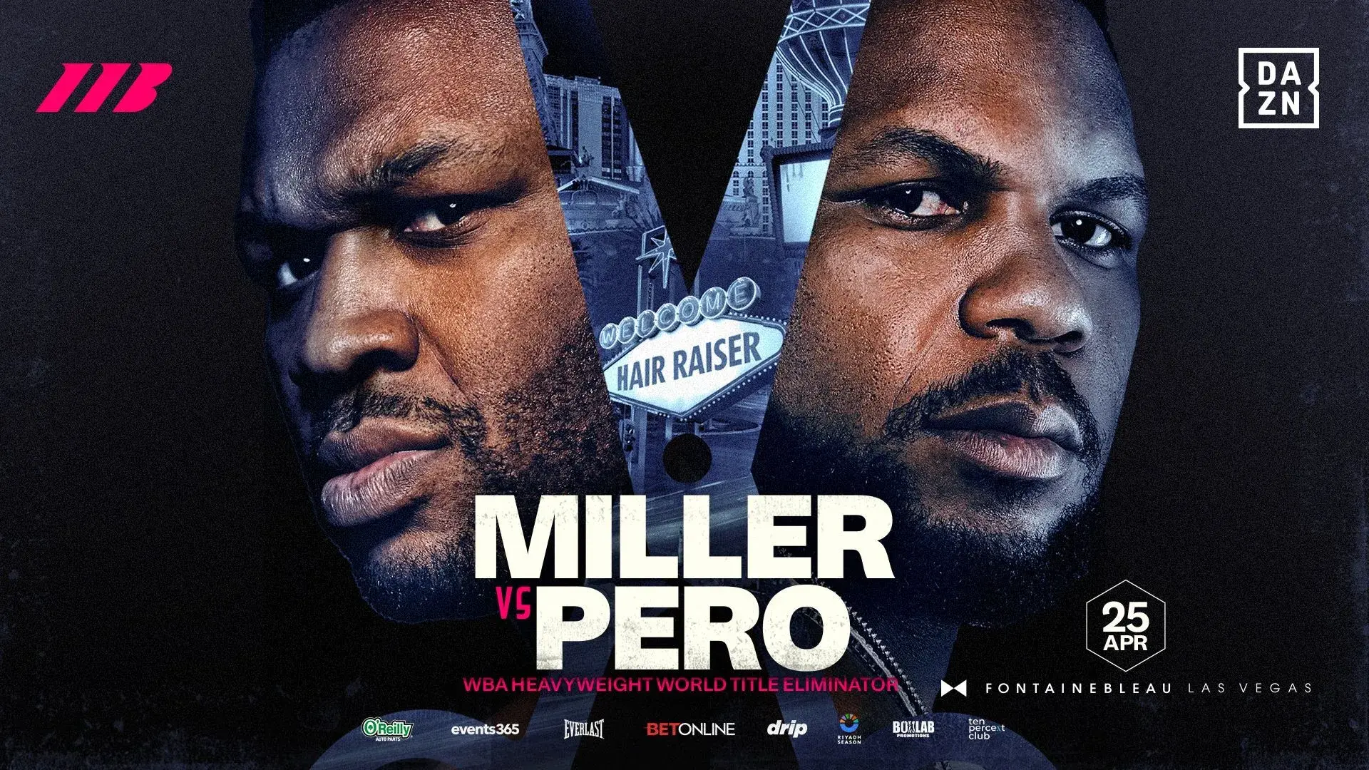 Fight art for the boxing match between Jarrell Miller and Lenier Pero on April 25, 2026.