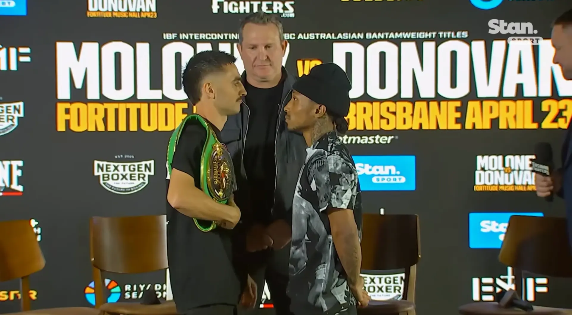 Jason Moloney (left) and Andre Donovan (right) face off at the final press conference two days before their boxing match, scheduled for April 23, 2026.