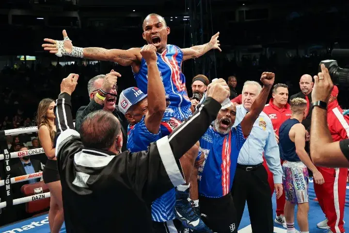 Jonathan Gonzalez celebrates following a victory.