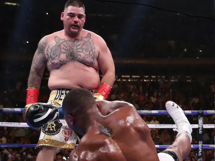 Huge underdog Andy Ruiz Jnr stands over Anthony Joshua in New York on June 1, 2019