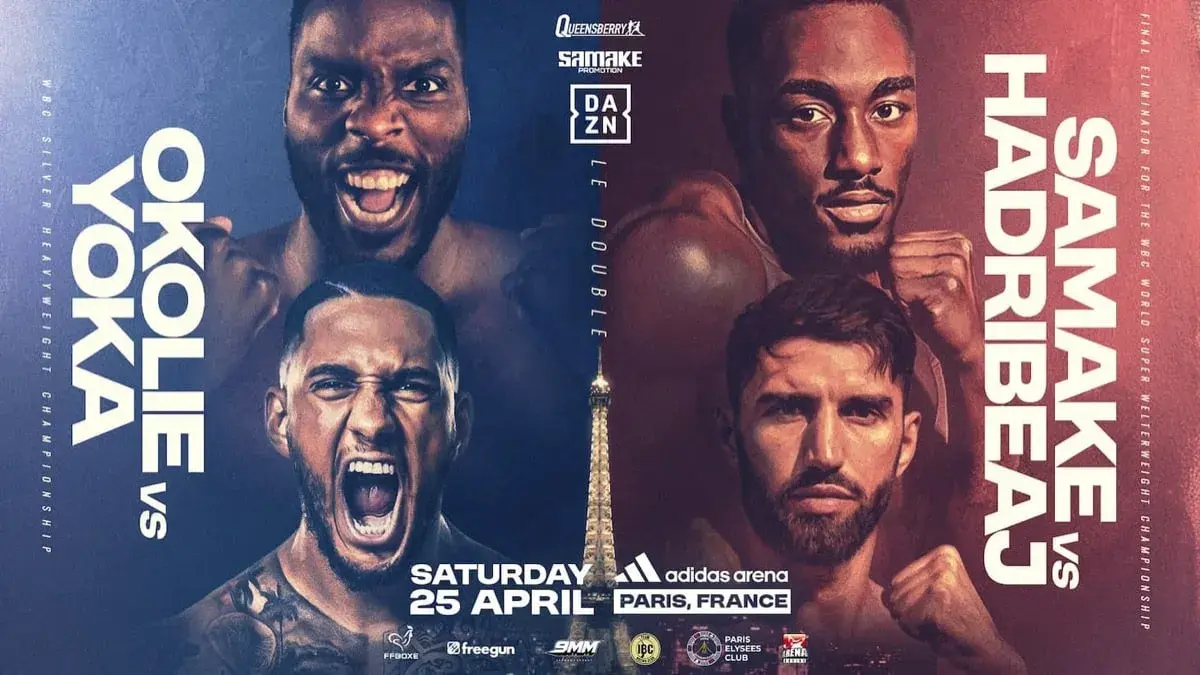 Fight art for the April 2026 match between Lawrence Okolie and Tony Yoka.