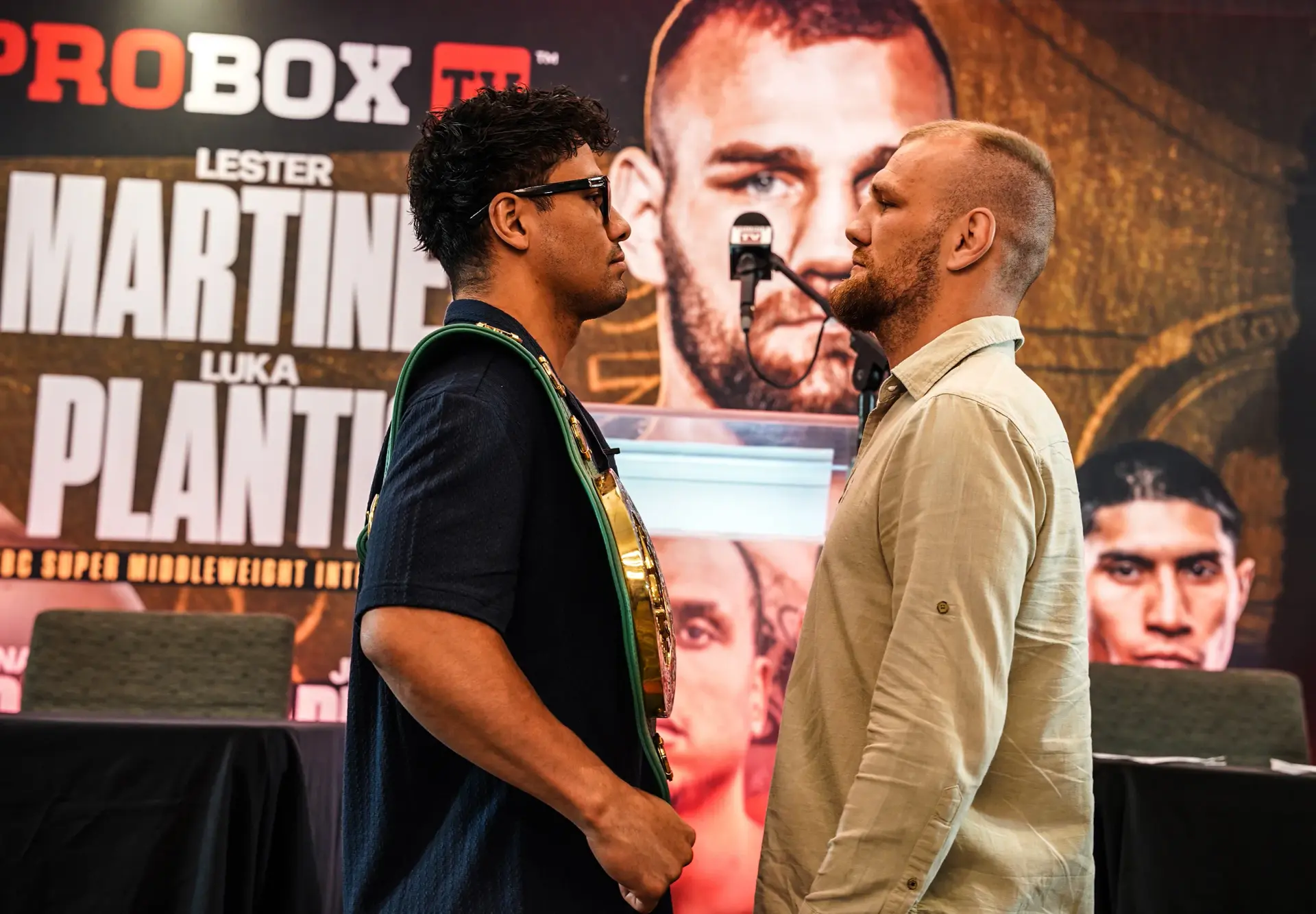 WBC interim super-middleweight champion Lester Martinez faces off with Luka Plantic for the first time
