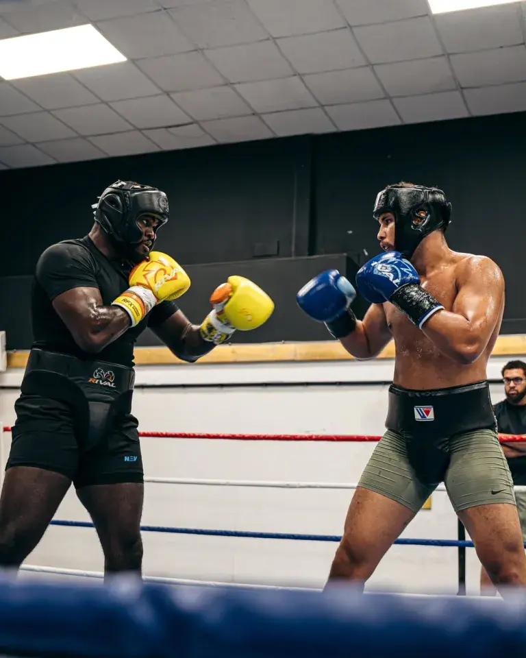 Nelvie Tiafack [left] and Moses Itauma engage in sparring ahead of the latter's August 29 date with Filip Hrgovic