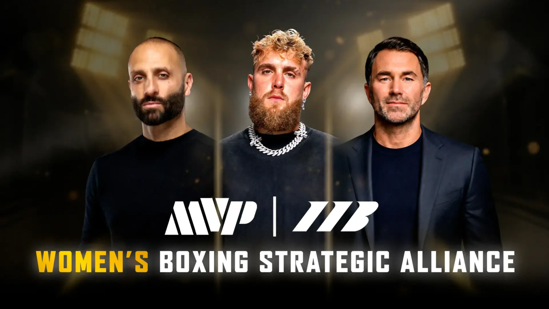Eddie Hearn [right] of Matchroom has formed a strategic alliance with Jake Paul [center] and Nakisa Bidarian of MVP