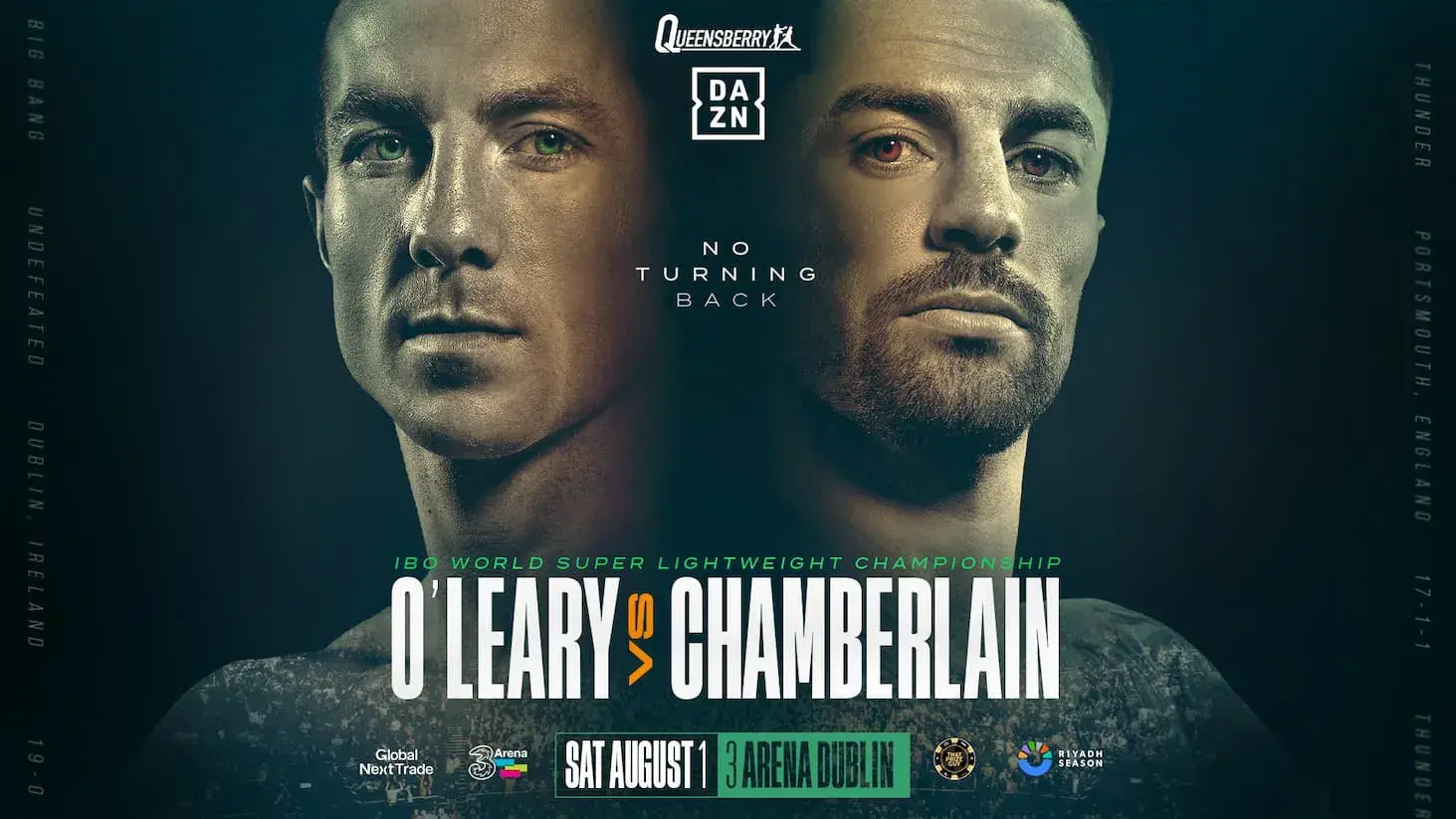 Fight art for the boxing match between Pierce O'Leary and Mark Chamberlain on August 1, 2026.