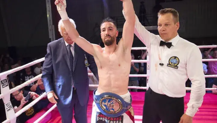 Junior welterweight contender Sandor Martin celebrates a victory